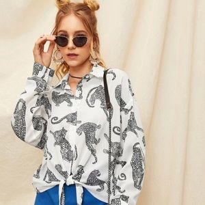 SHEIN Leopard Print Knot Front Blouse